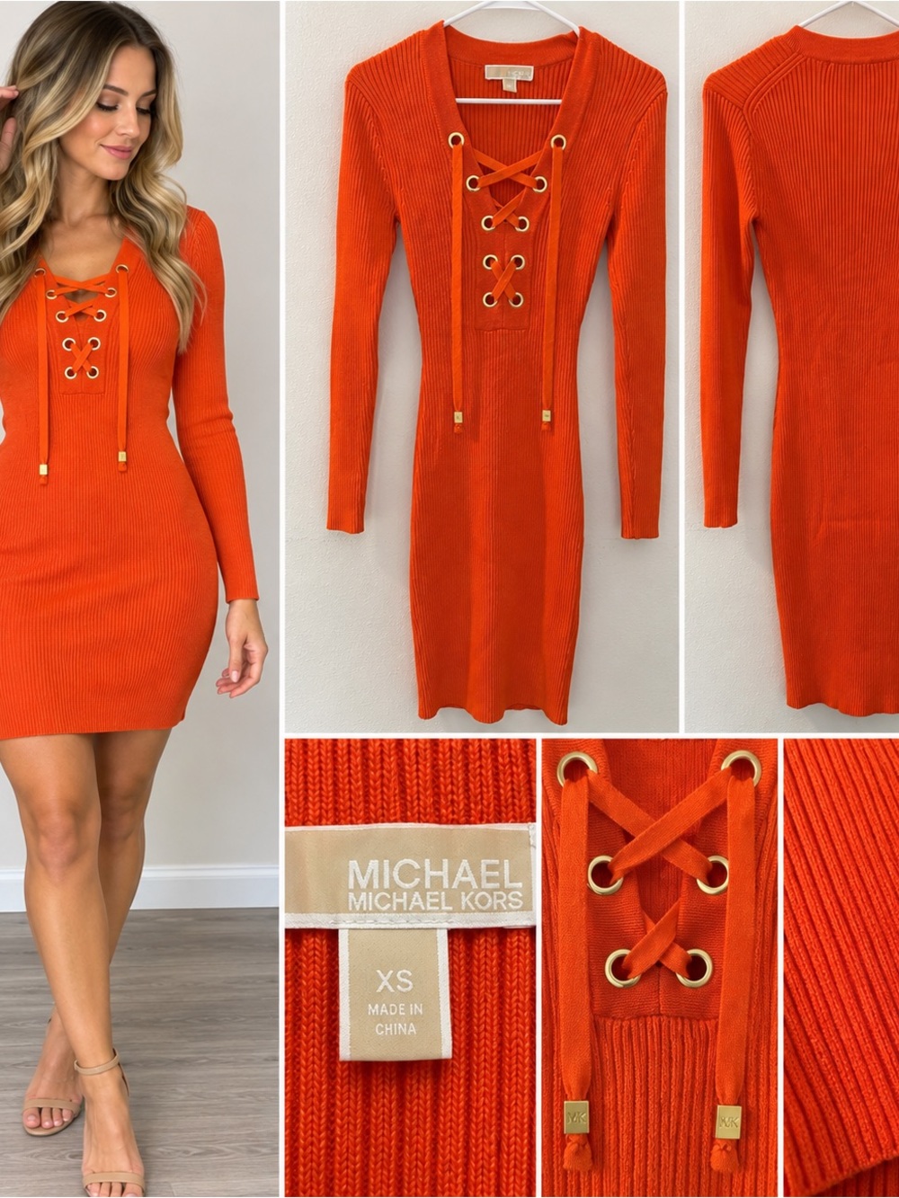 MICHAEL Michael Kors Orange Ribbed Lace Up Sweater Dress XS